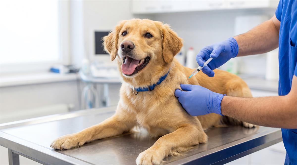 Dog receiving vaccination at veterinary clinic during a yearly health check